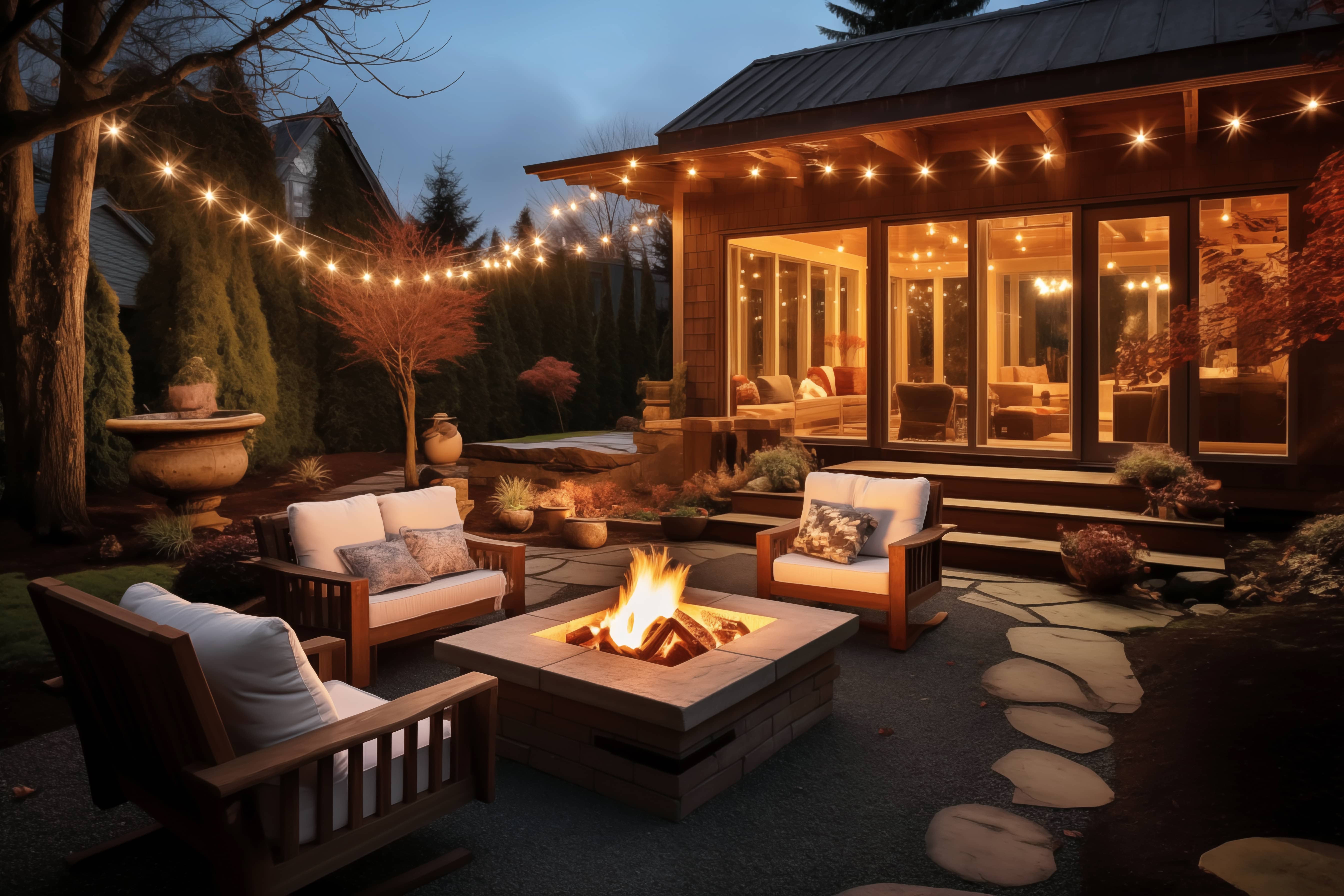 Cozy backyard deck with fire pit And sitting area in winter